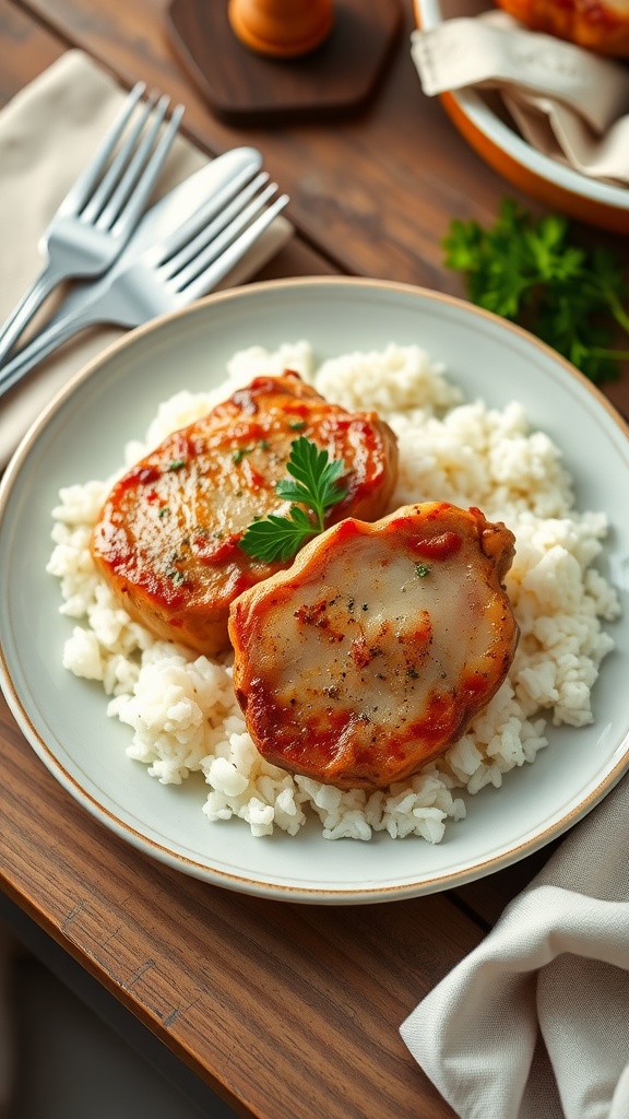 Garlic pork chops on rice with parsley garnish, served on a rustic table.